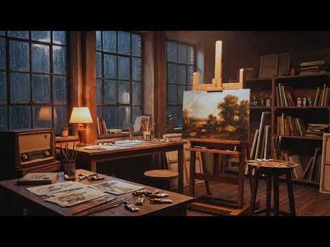Vintage 1940s Art Studio Ambience with Soft Jazz | Rainy Night for Creative Flow